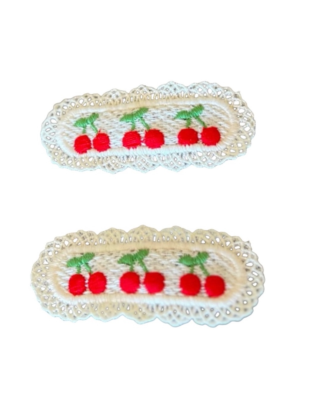 Red Cherry Embroidered Cream Crochet Retro Pinup 3" Metal Snap Clip Barrette Set
